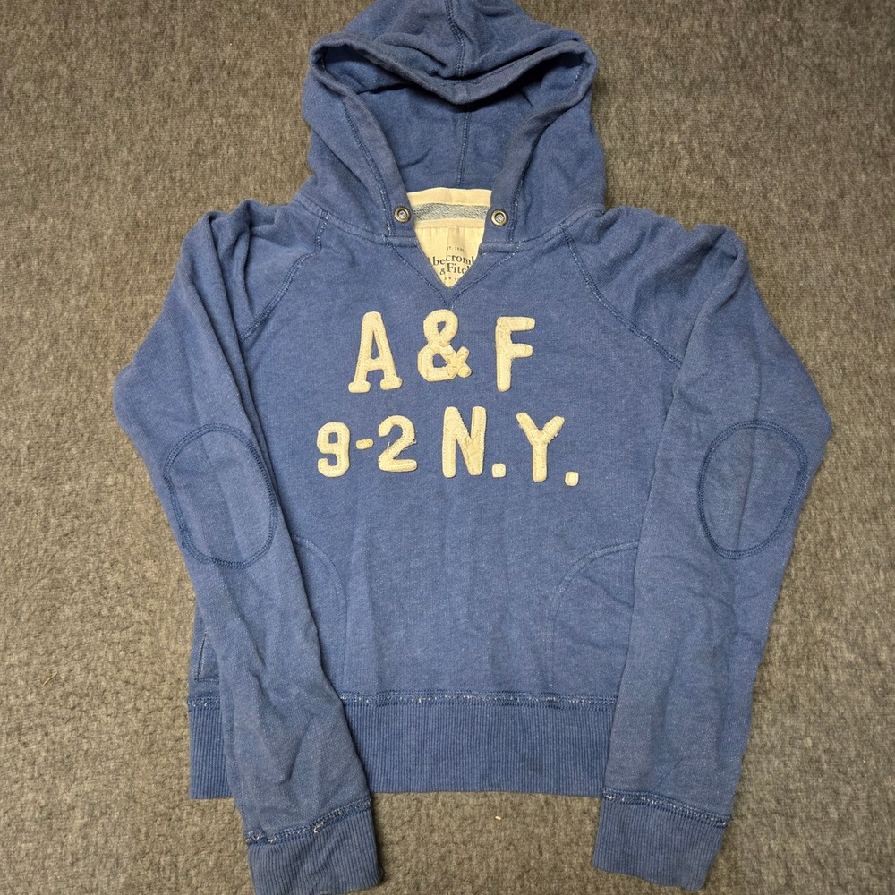 Abercrombie & Fitch Hoodie Womens Medium Blue Spellout Elbow Patch Pullover